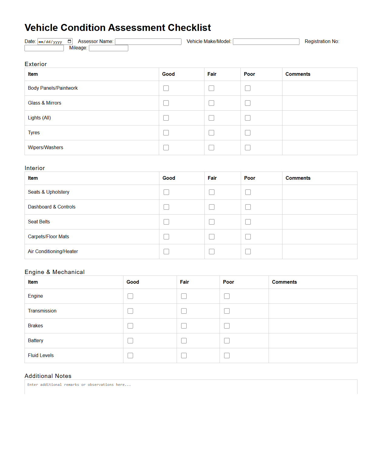 Vehicle Condition Assessment Checklist