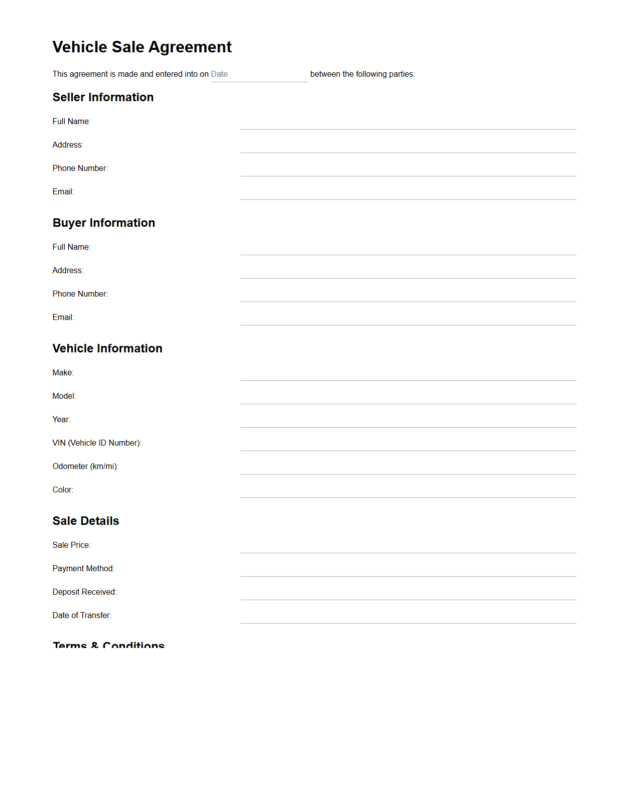 Vehicle Sale Agreement Blank Form