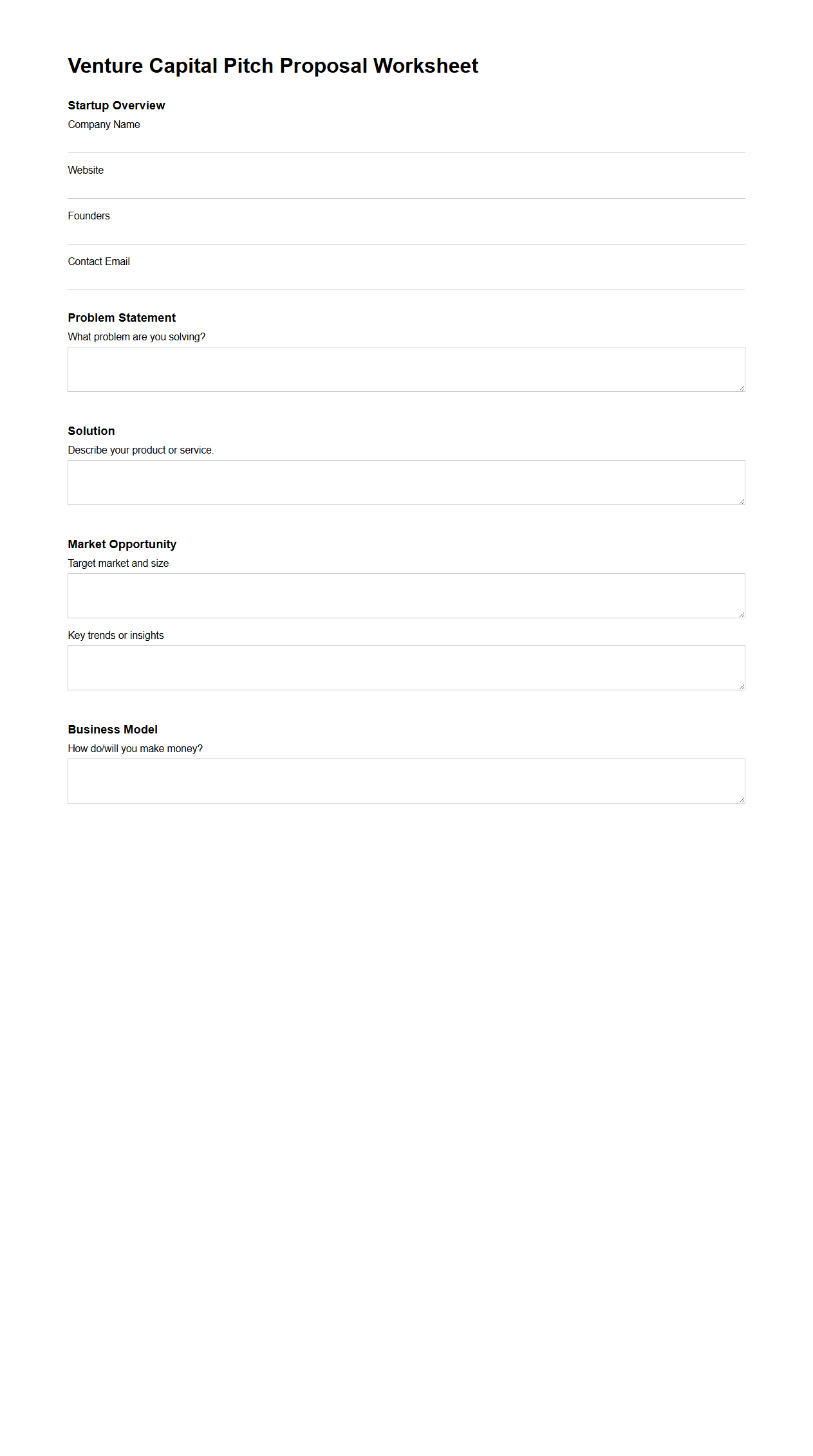 Venture Capital Pitch Proposal Worksheet