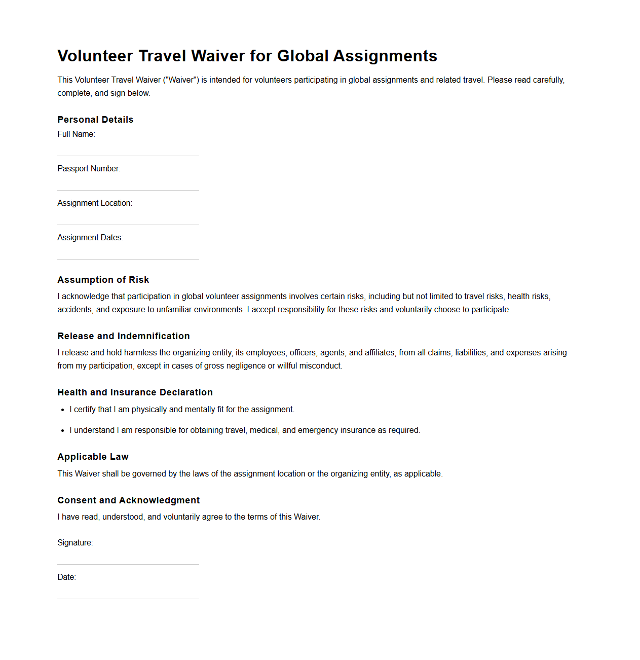Volunteer Travel Waiver for Global Assignments