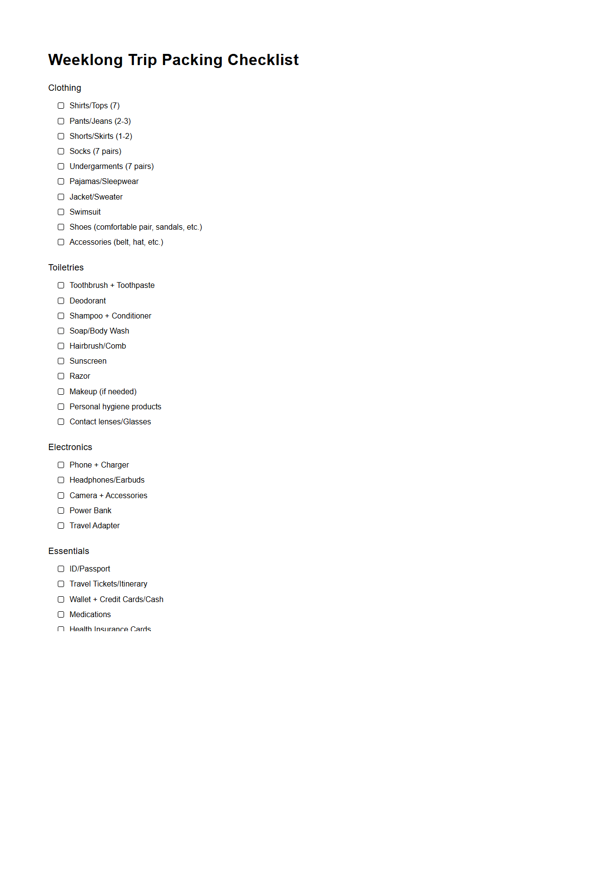Weeklong Trip Packing Checklist Template