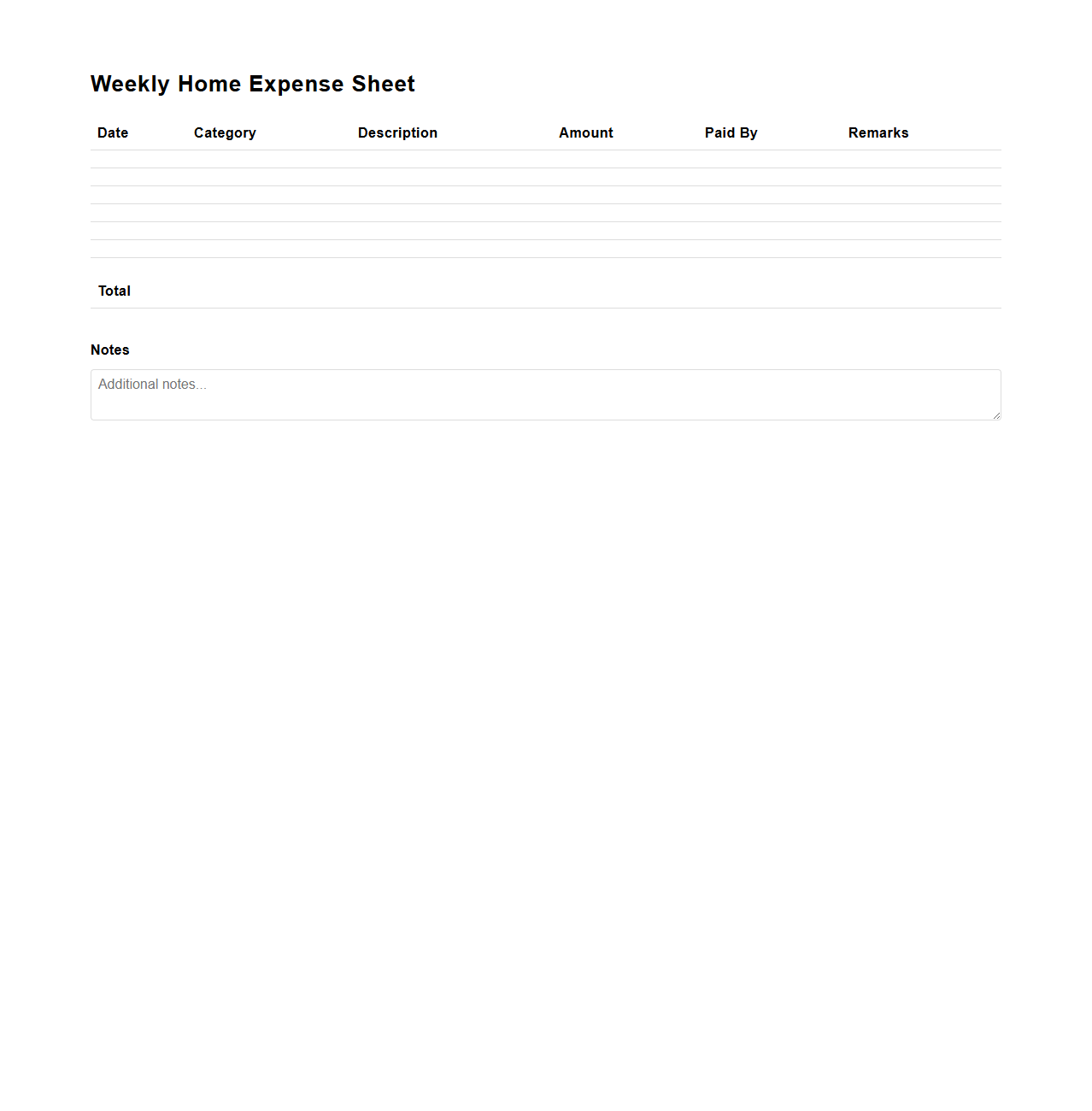 Weekly Home Expense Sheet