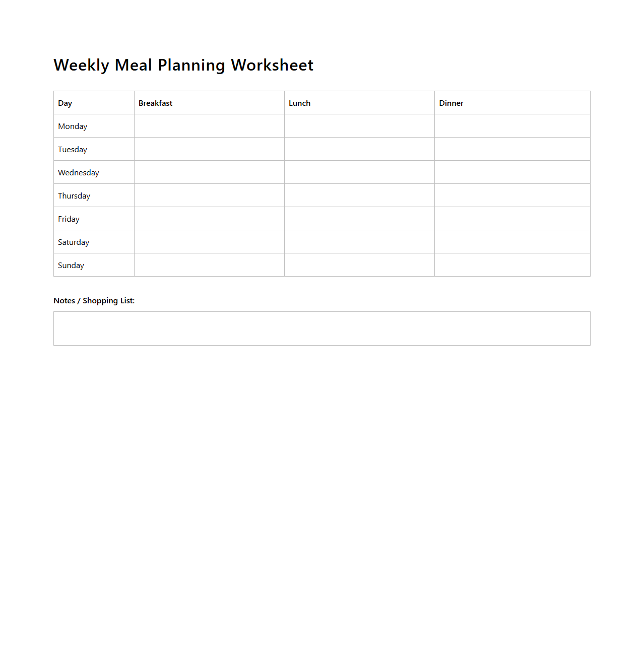 Weekly Meal Planning Worksheet for Organizing Meals