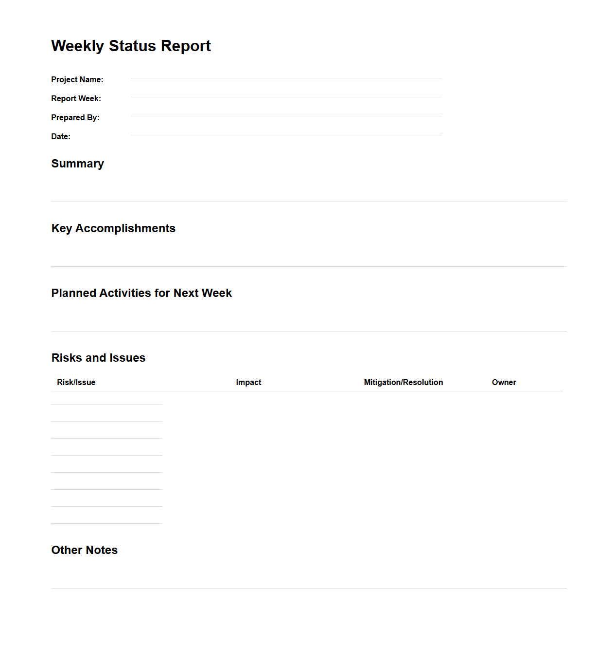 Weekly Status Report Template for Project Managers