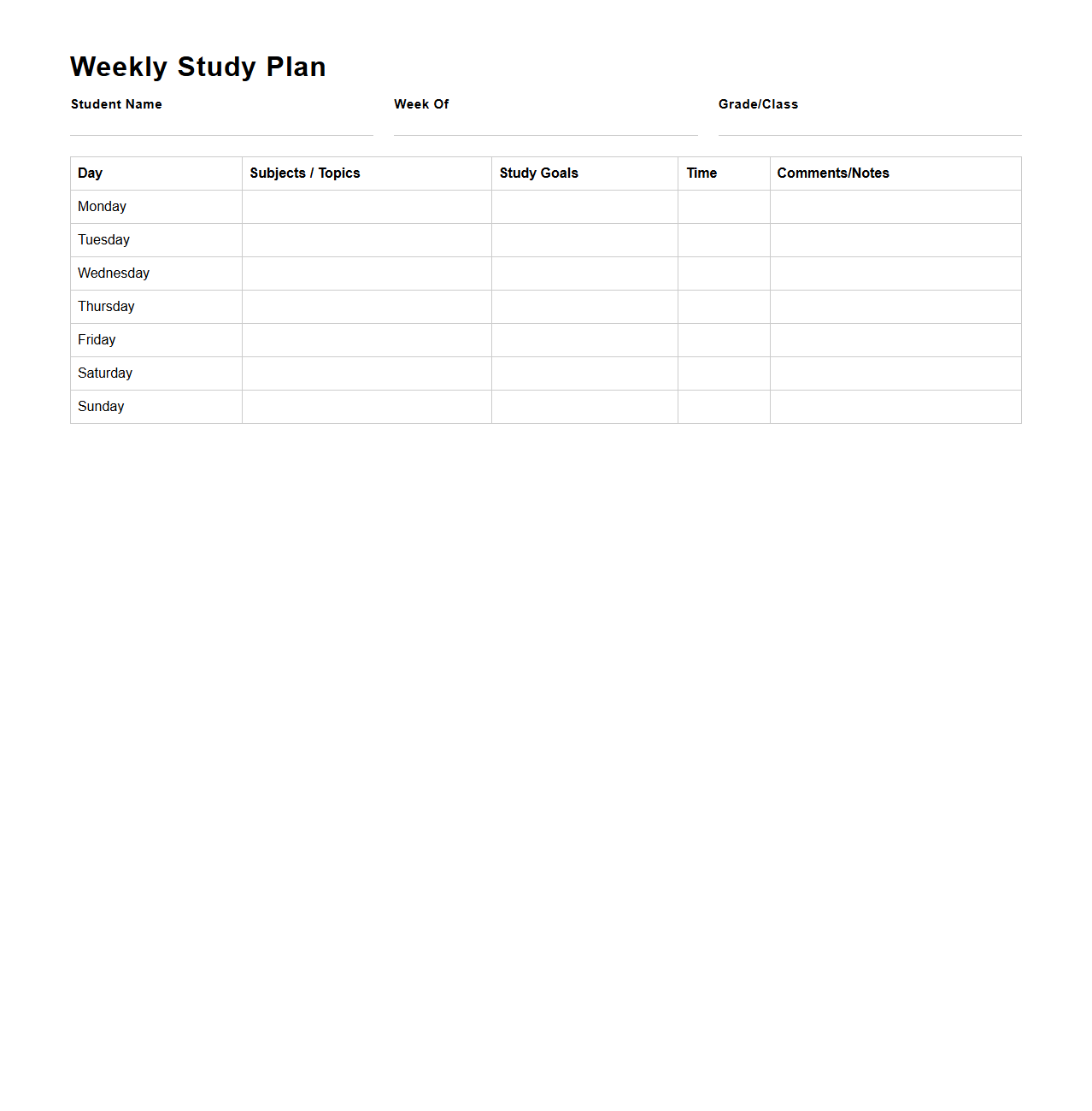 Weekly Study Plan Template for Students