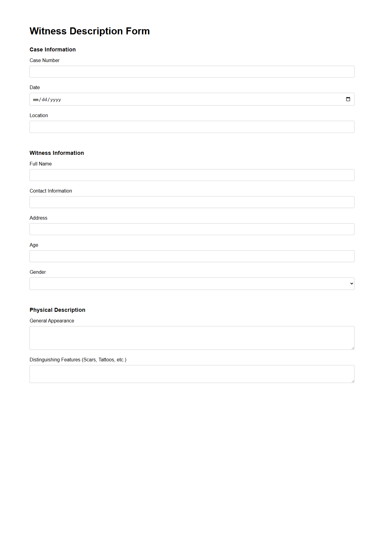 Witness Description Form for Legal Cases