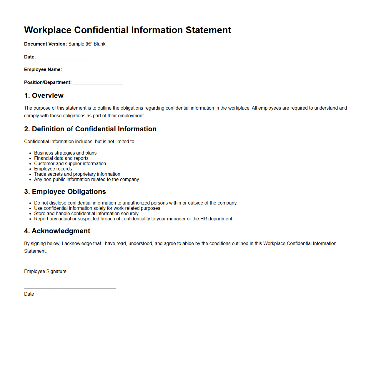 Workplace Confidential Information Statement