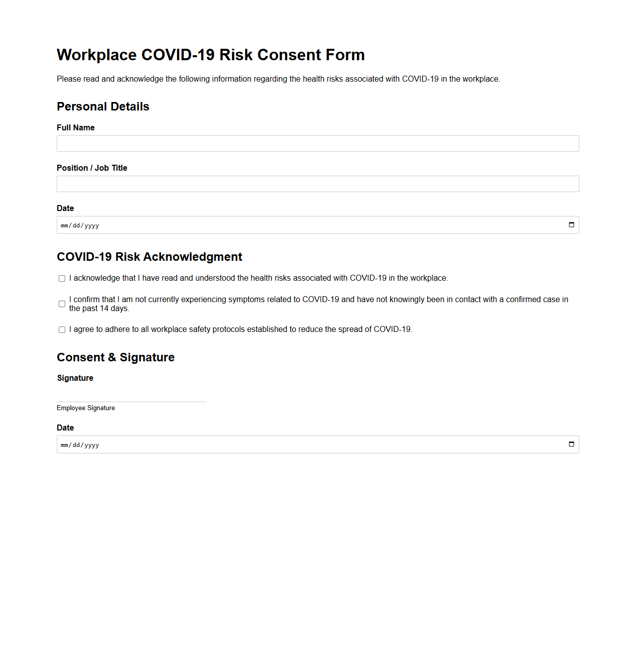 Workplace COVID-19 Risk Consent Form