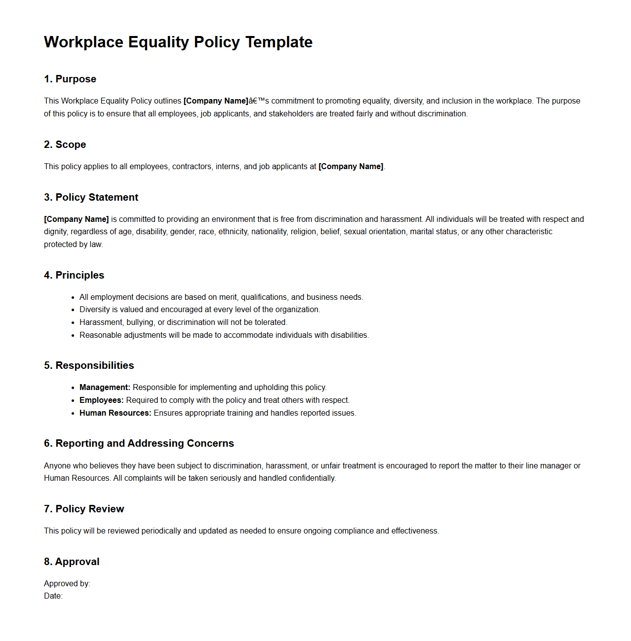 Workplace Equality Policy Template for Human Resources