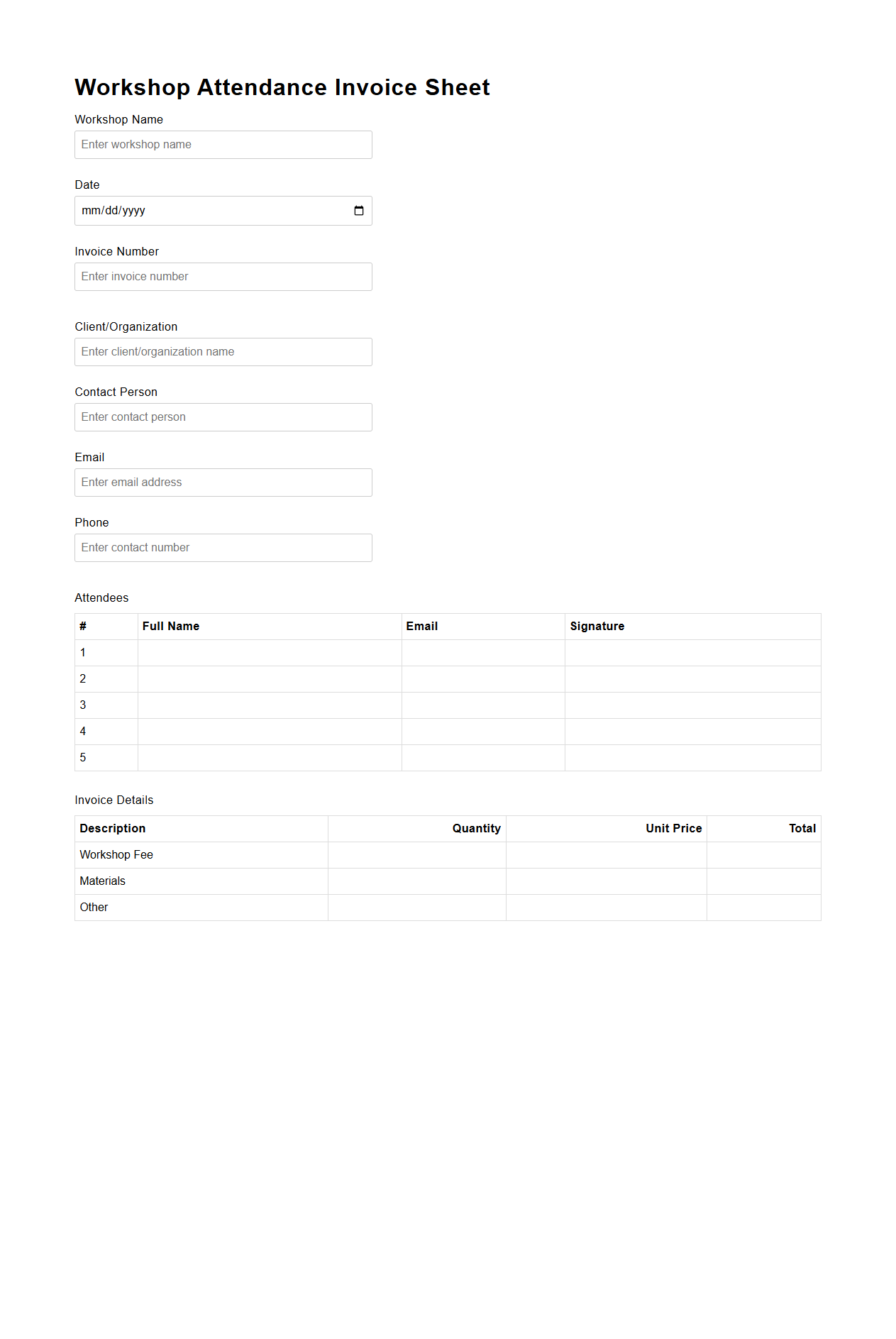 Workshop Attendance Invoice Sheet