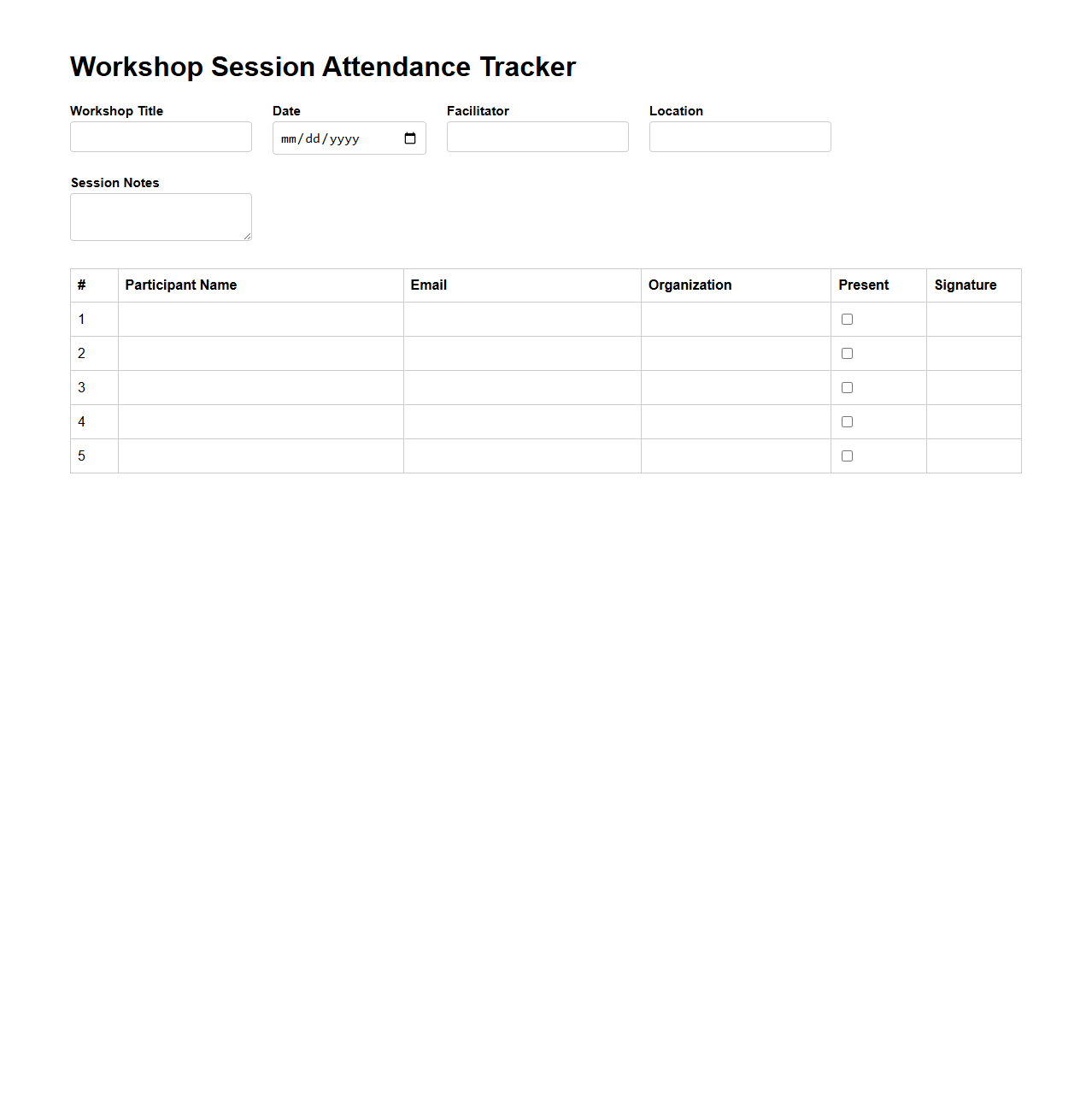 Workshop Session Attendance Tracker Template
