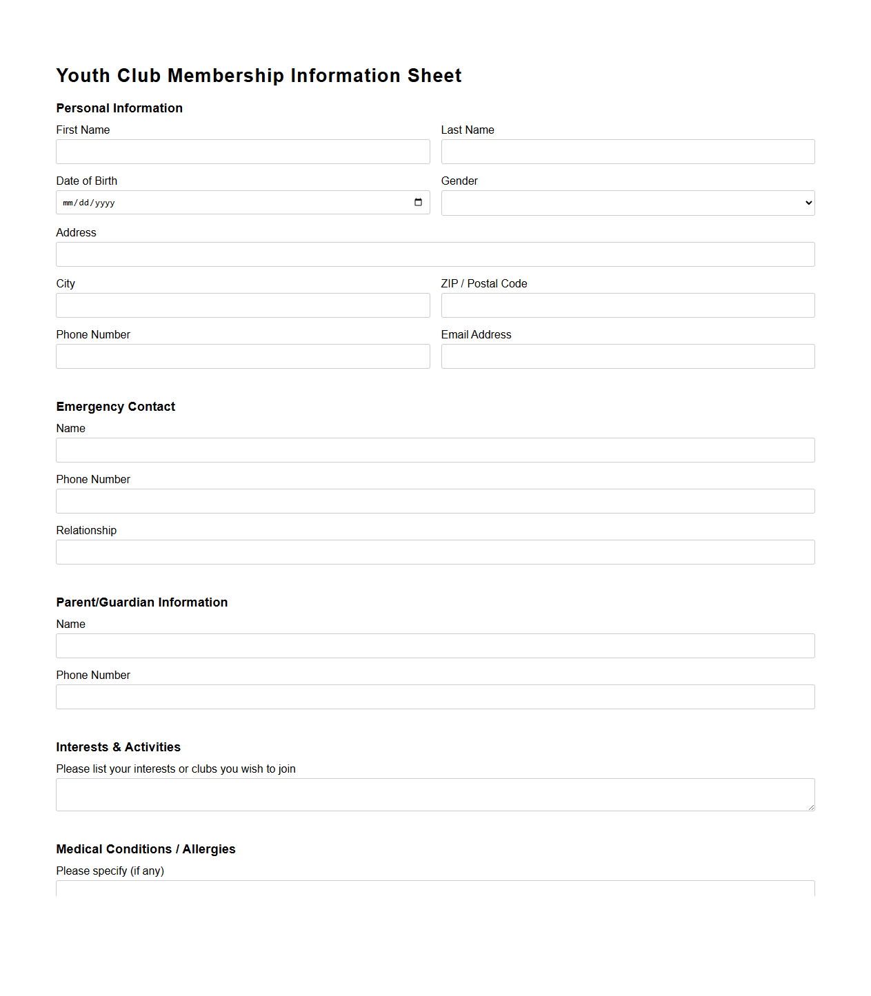 Youth Club Membership Information Sheet Template