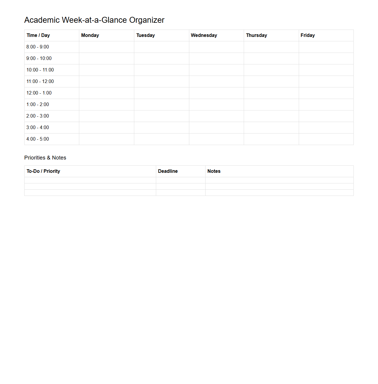 Academic Week-at-a-Glance Organizer