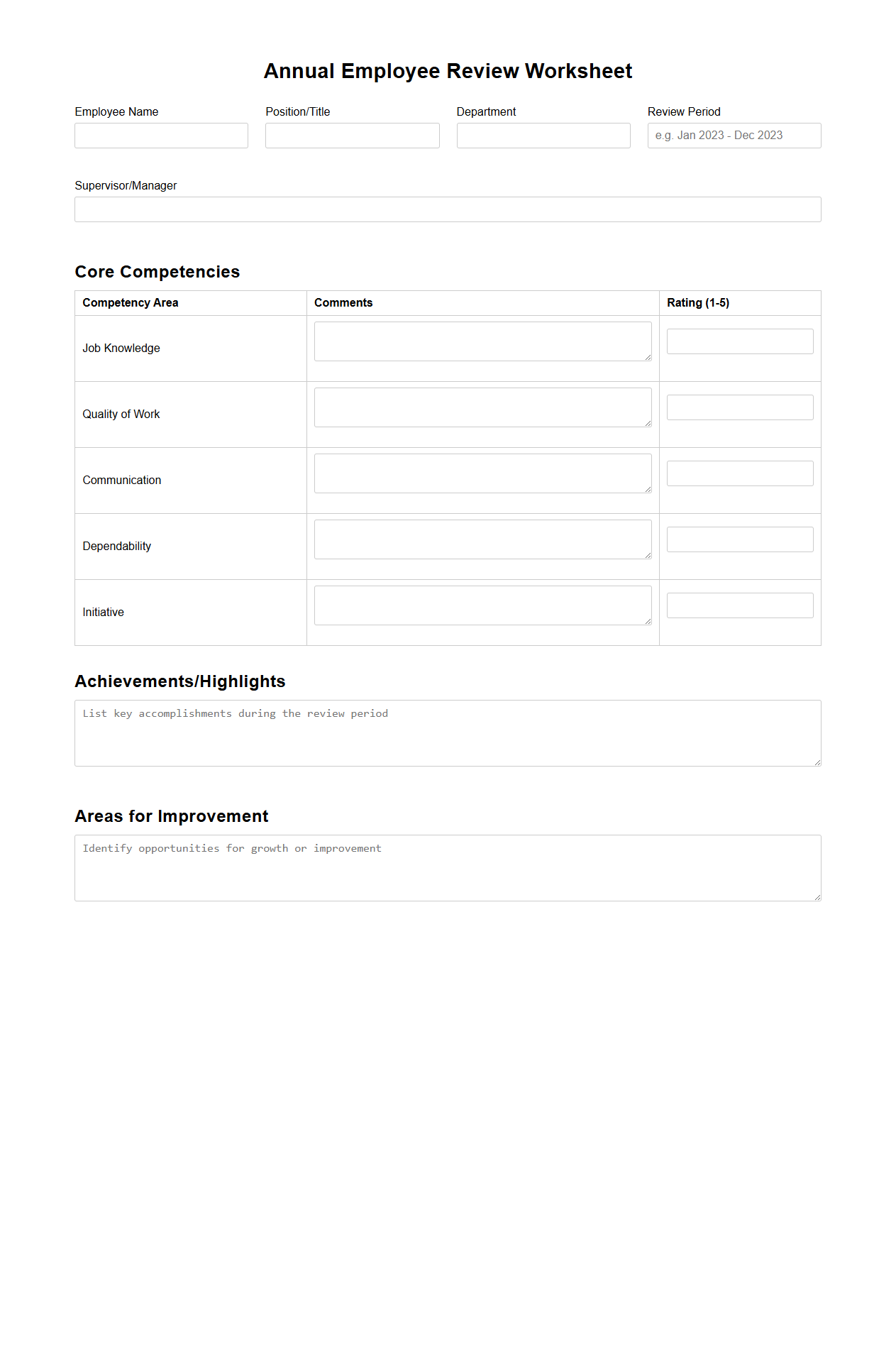Annual Employee Review Worksheet
