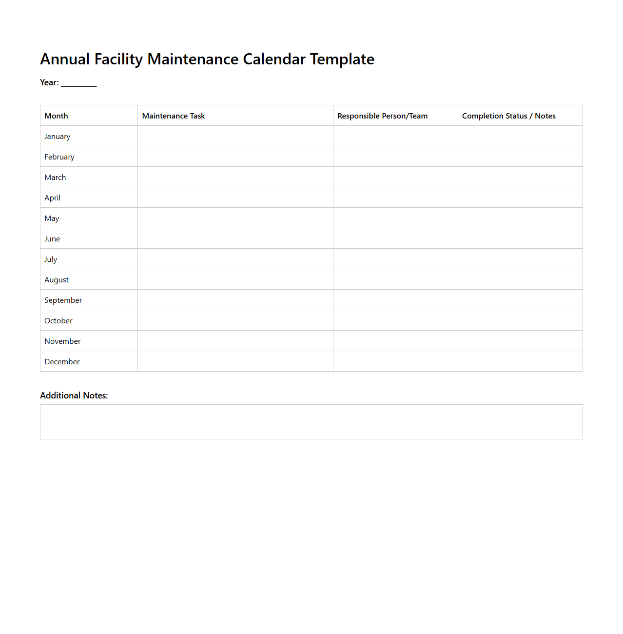 Annual Facility Maintenance Calendar Template