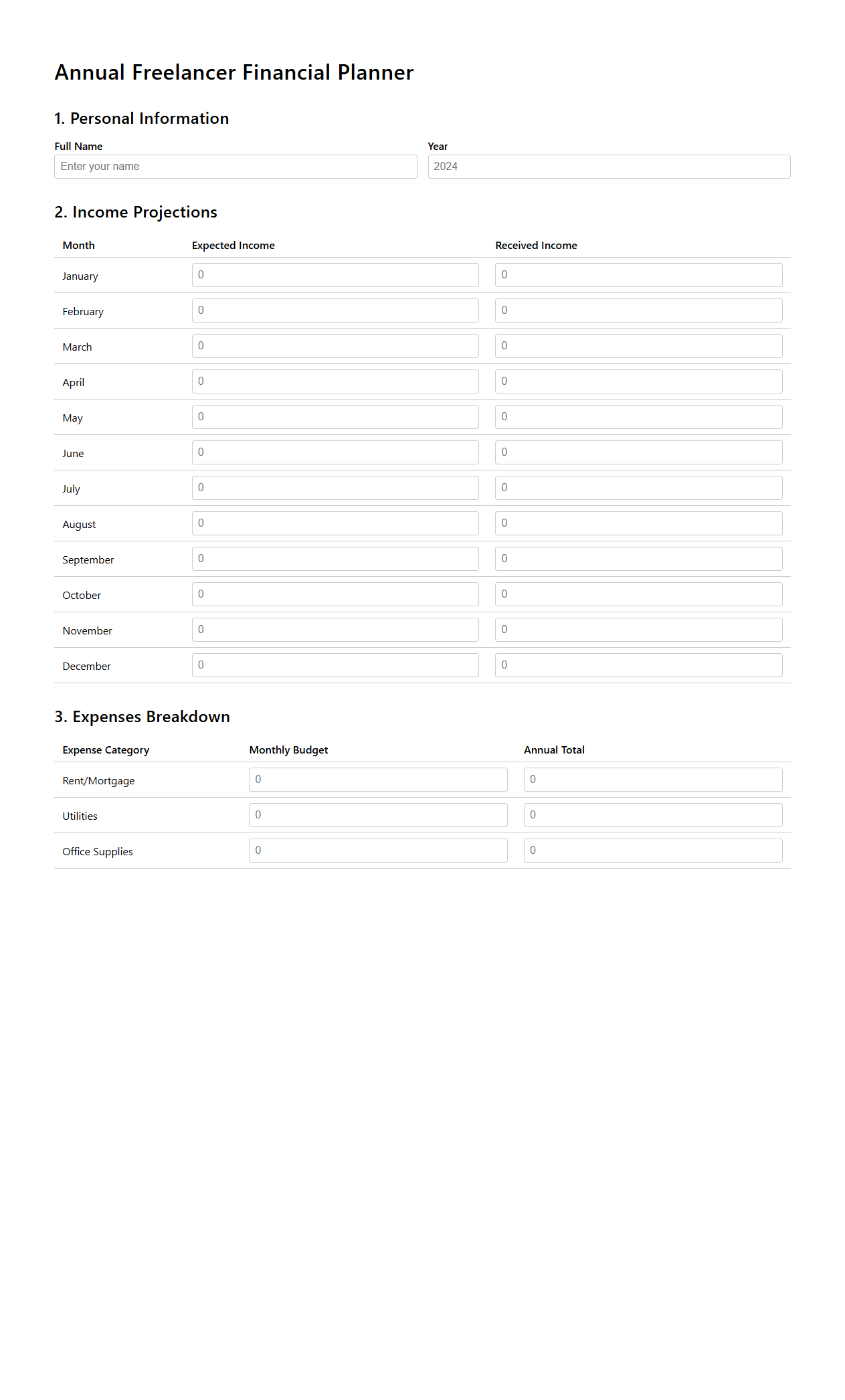 Annual Freelancer Financial Planner
