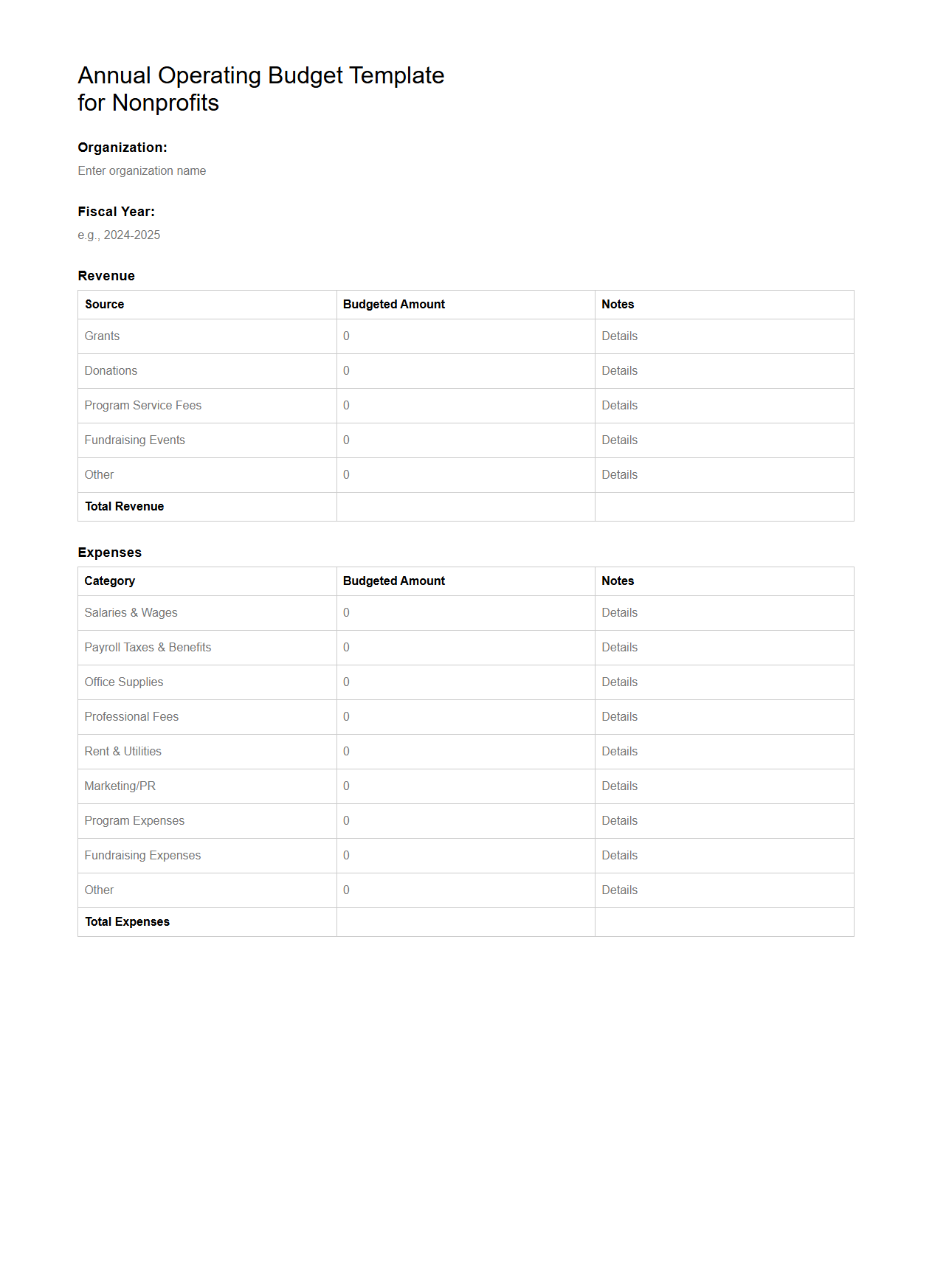 Annual Operating Budget Template for Nonprofits