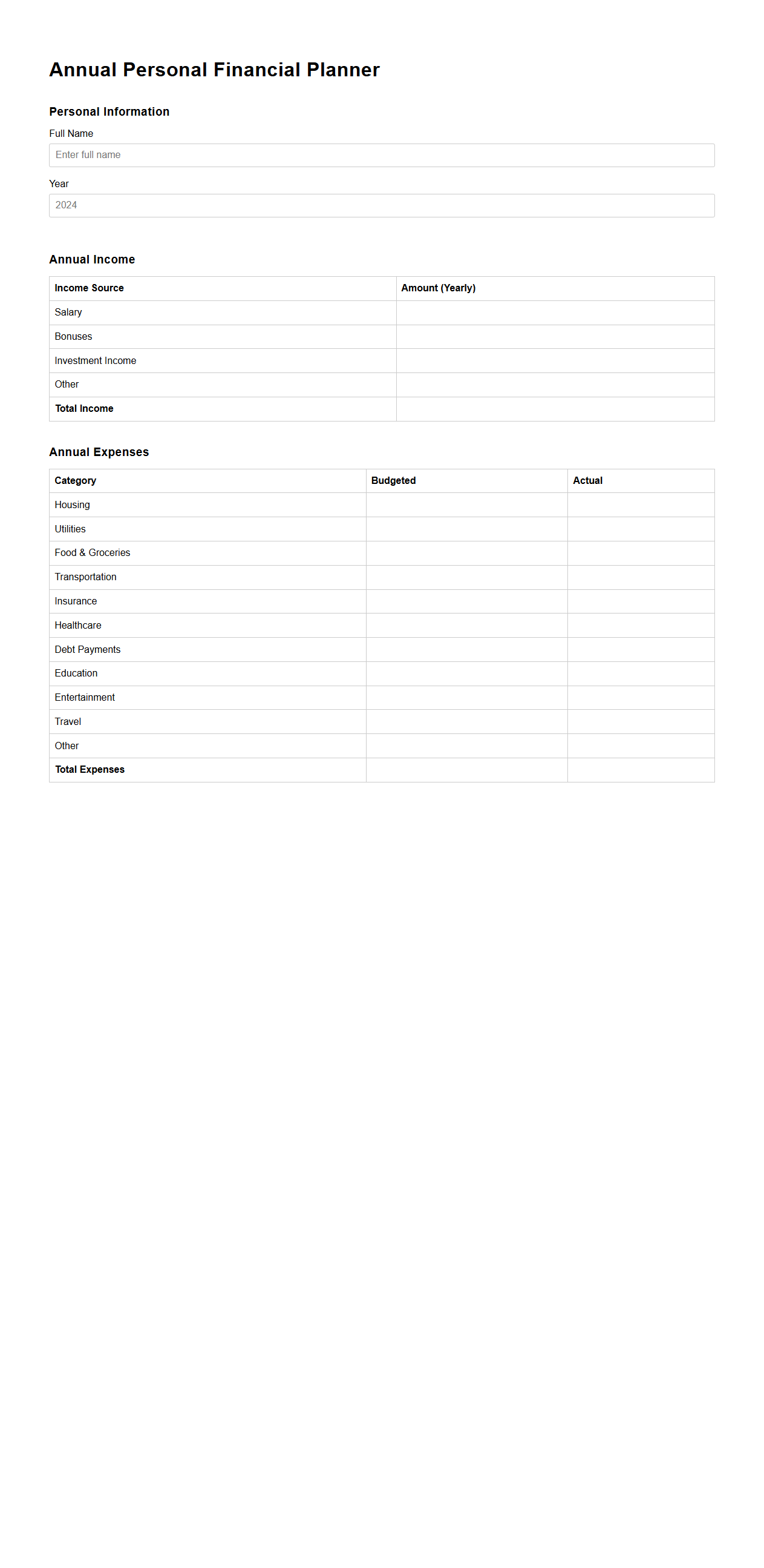 Annual Personal Financial Planner Template