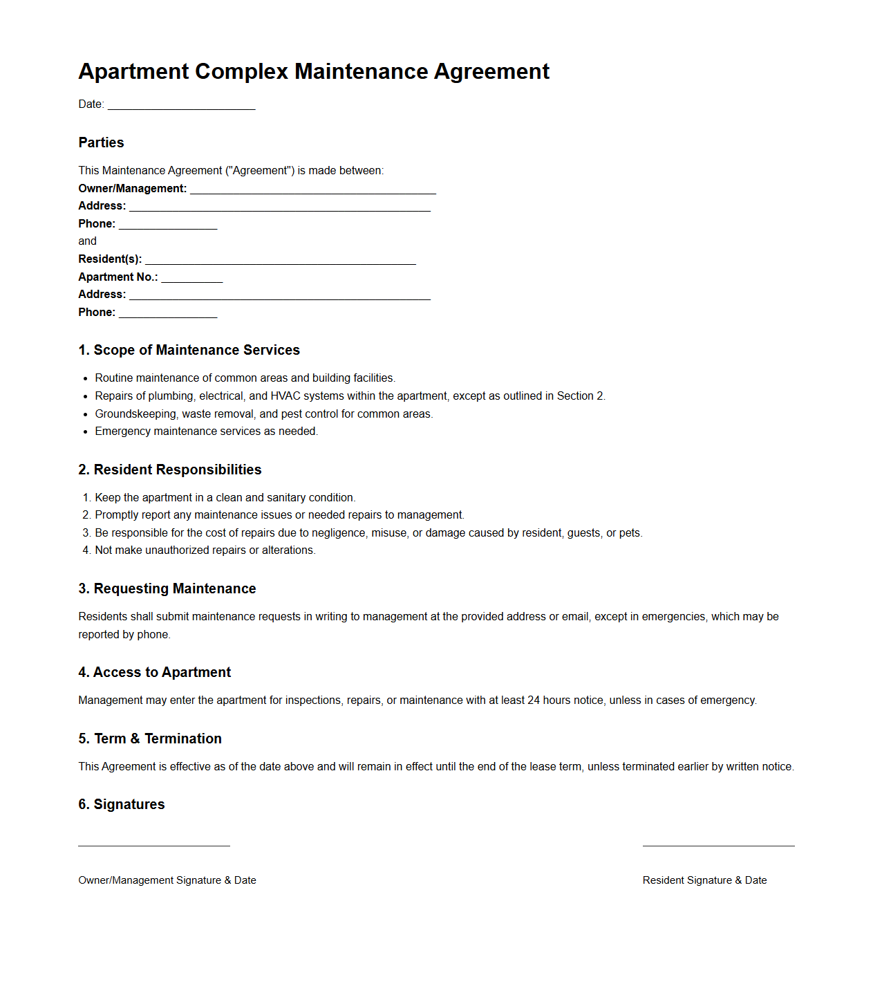 Apartment Complex Maintenance Agreement Template