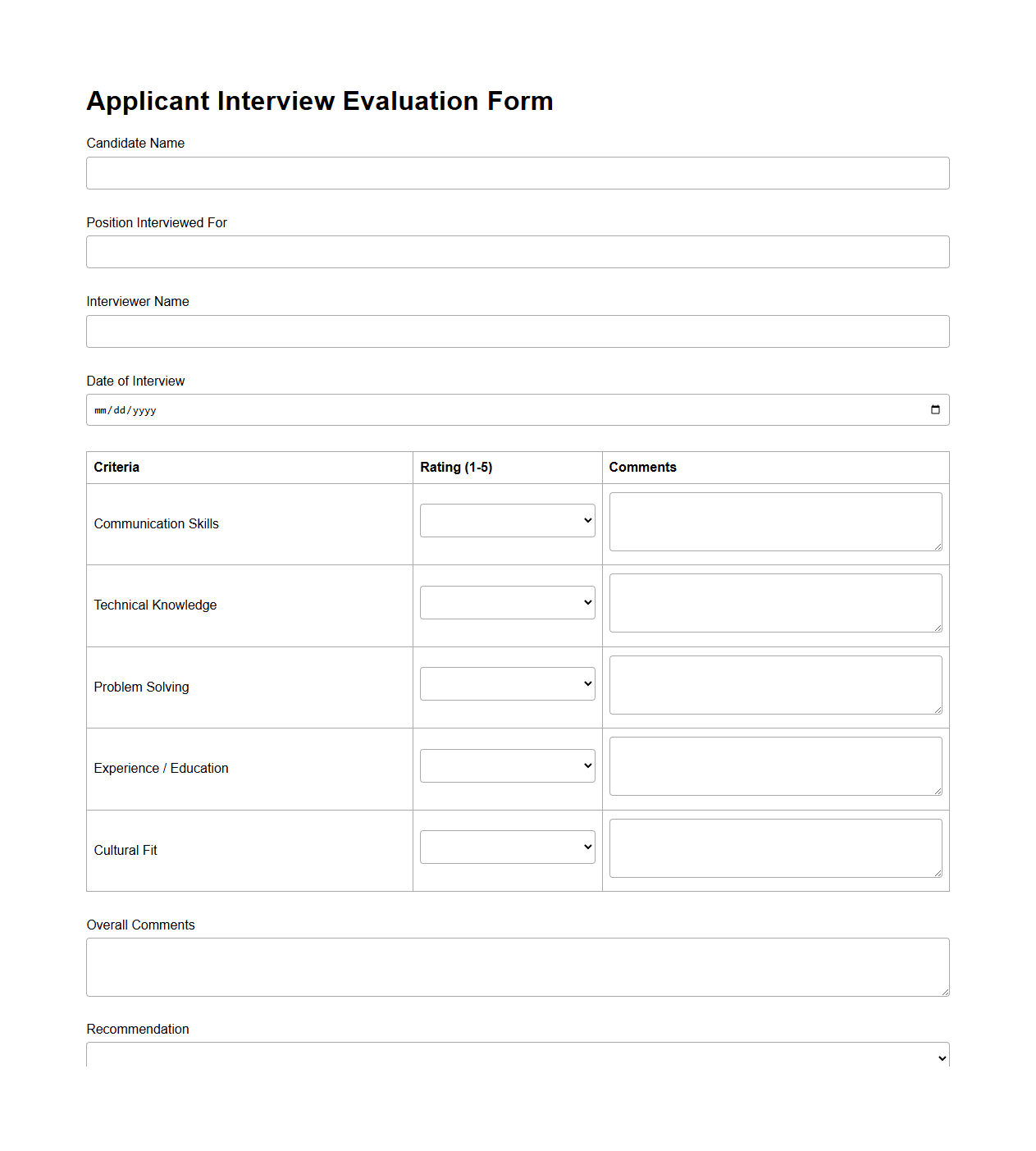 Applicant Interview Evaluation Form Template
