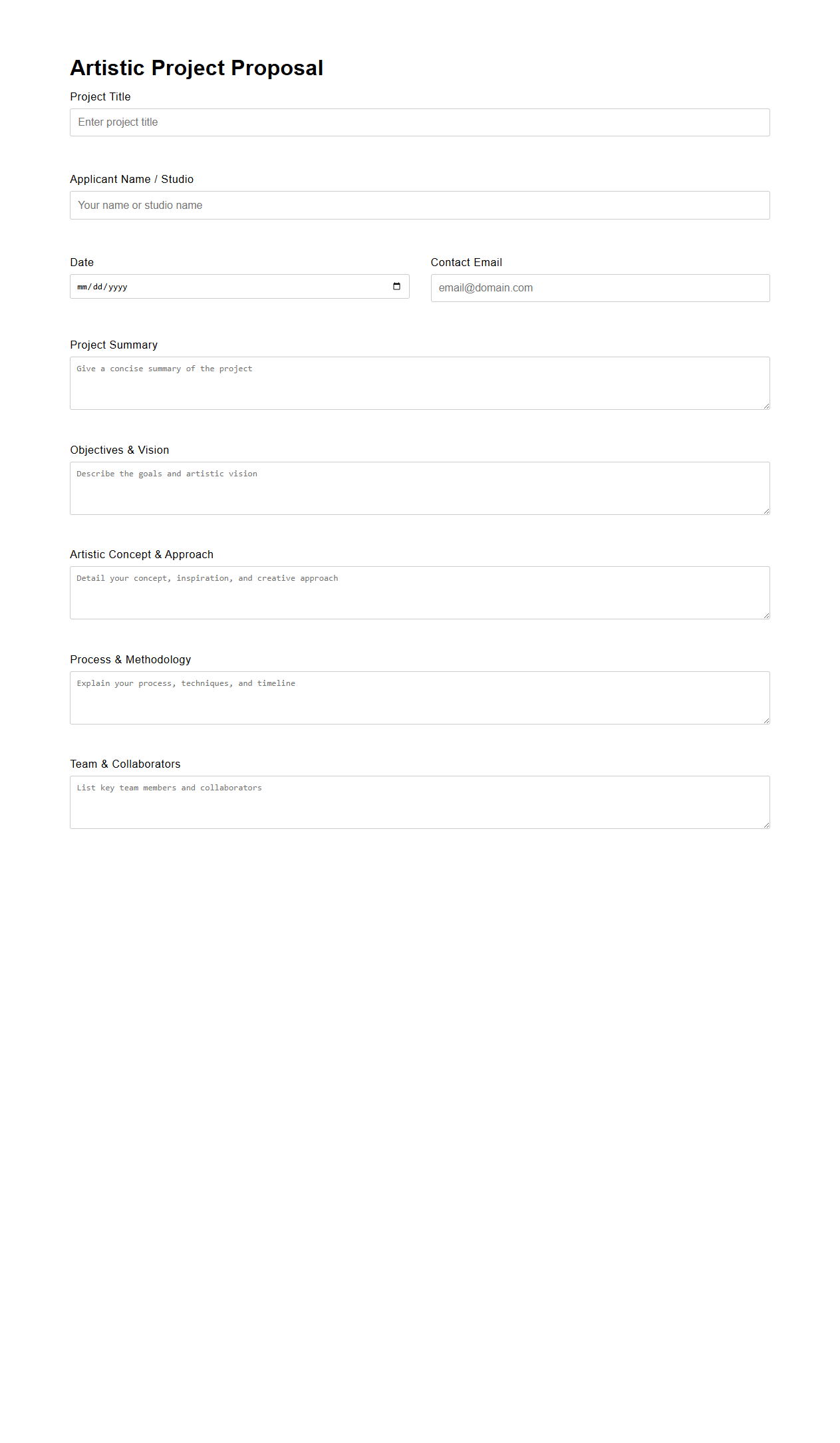 Artistic Project Proposal Template for Studios