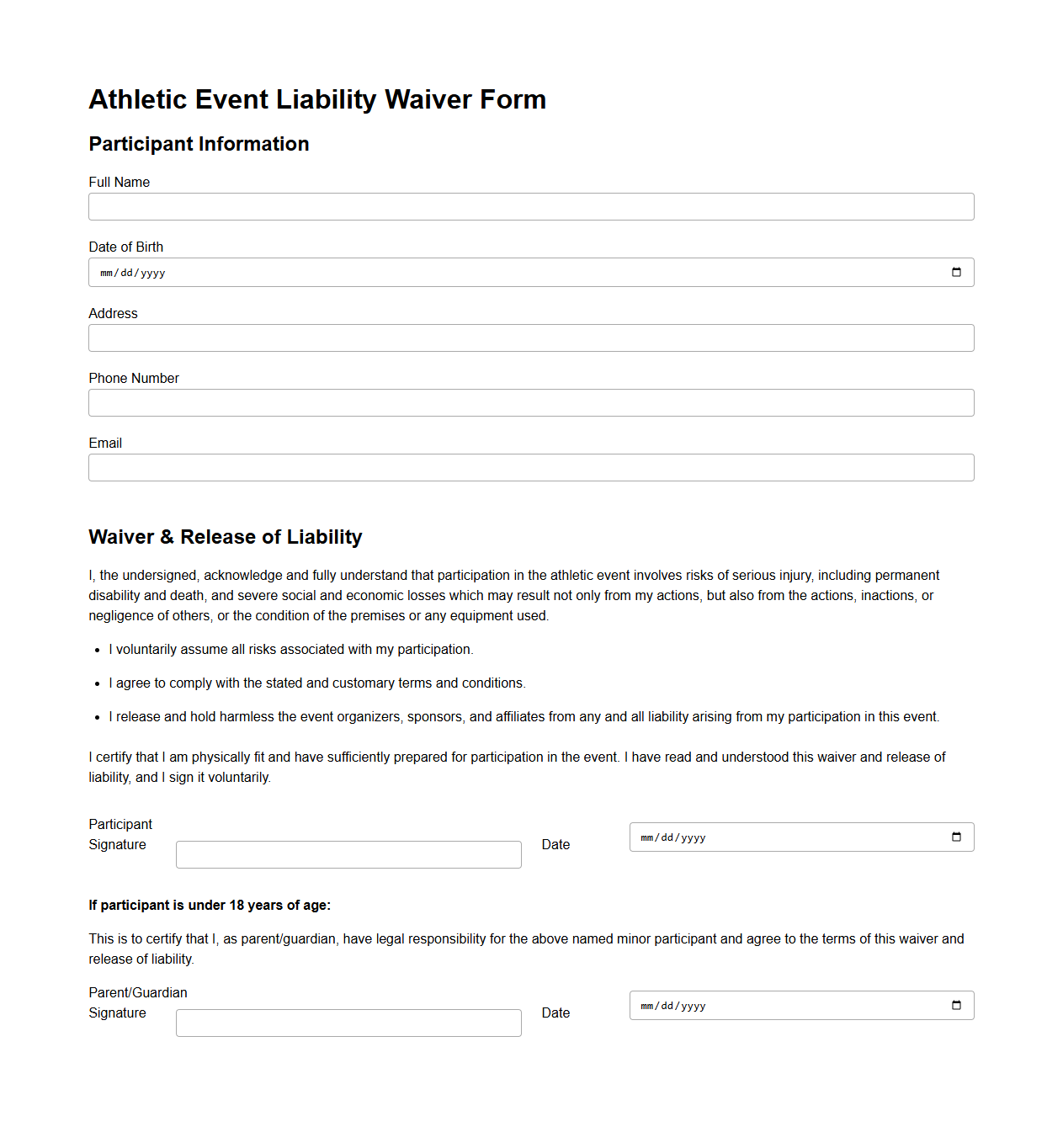 Athletic Event Liability Waiver Form Template
