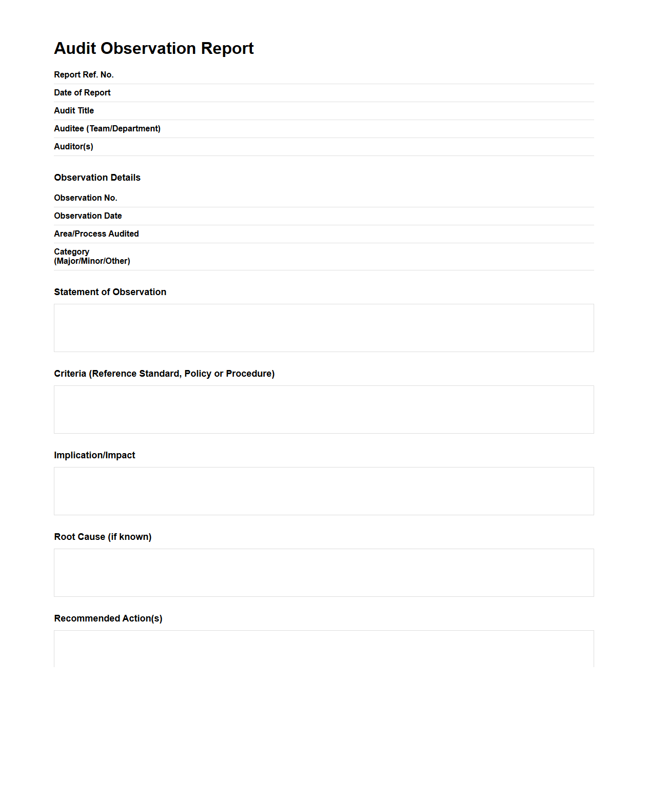 Audit Observation Blank Report for Internal Teams