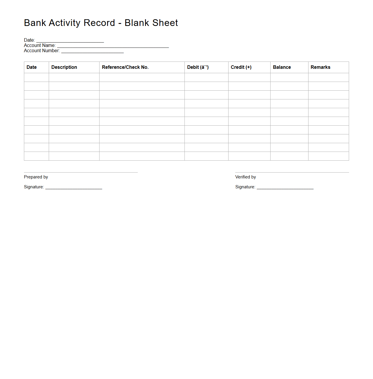 Bank Activity Record Blank Sheet