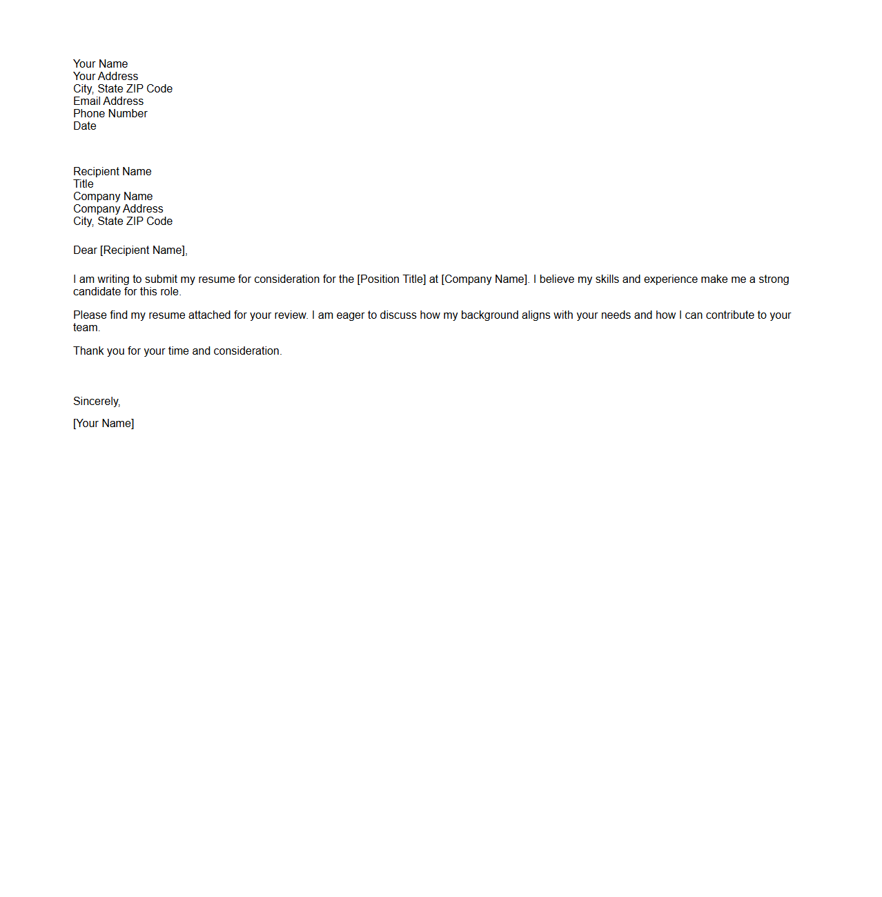 Basic Blank Cover Letter Example for Resume Submission
