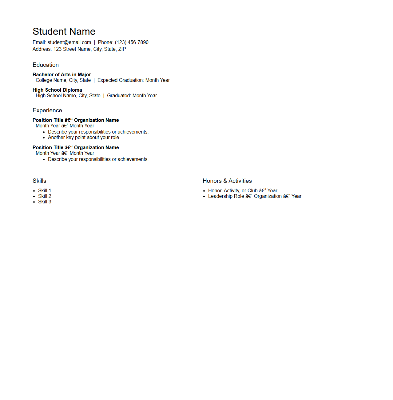 Basic College CV Template for Students