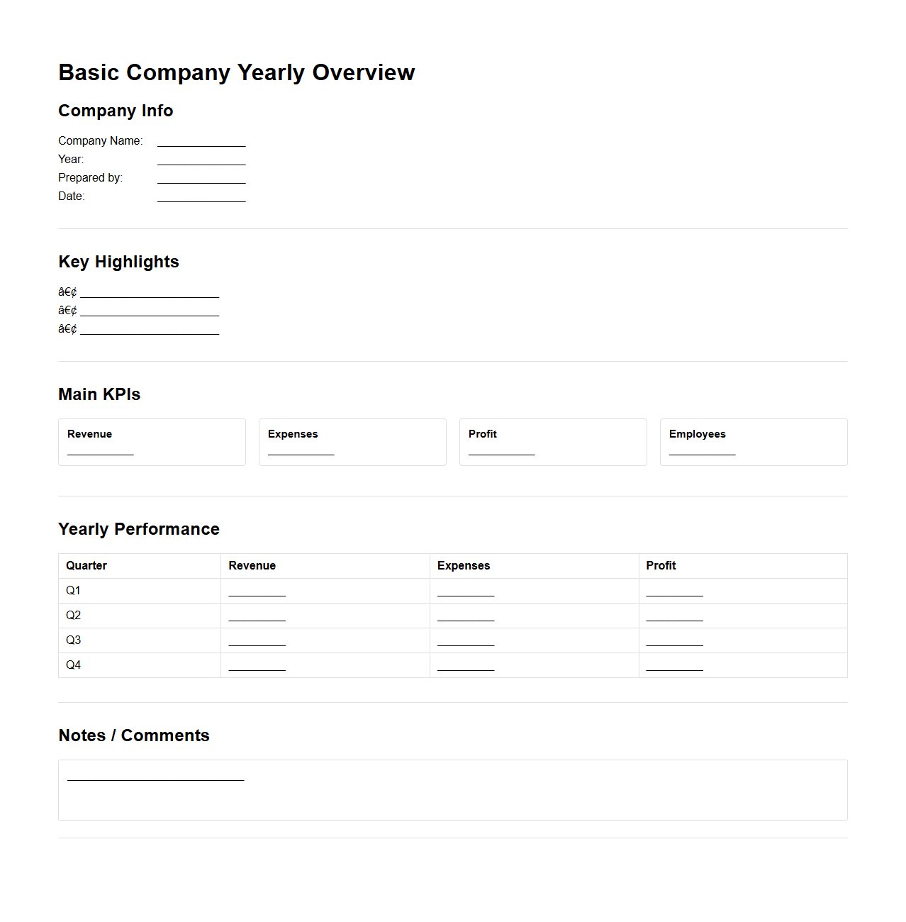 Basic Company Yearly Overview Template