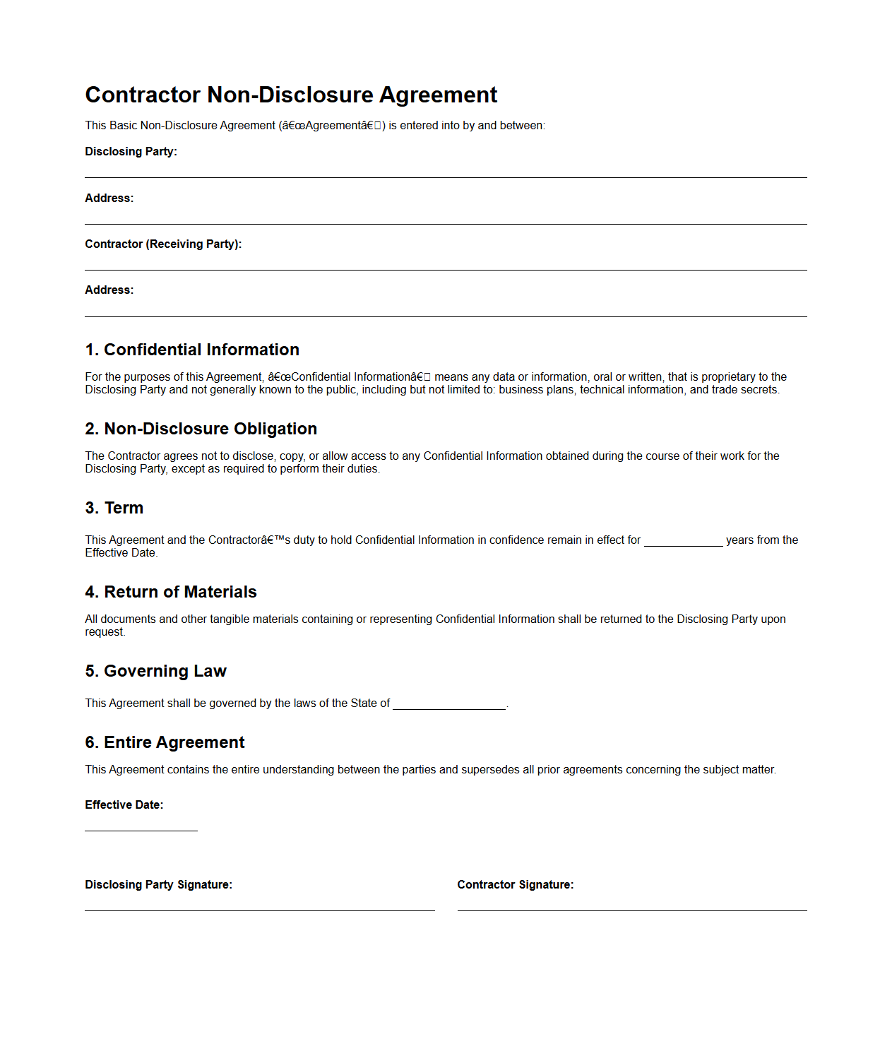 Basic Contractor Non-Disclosure Agreement Form