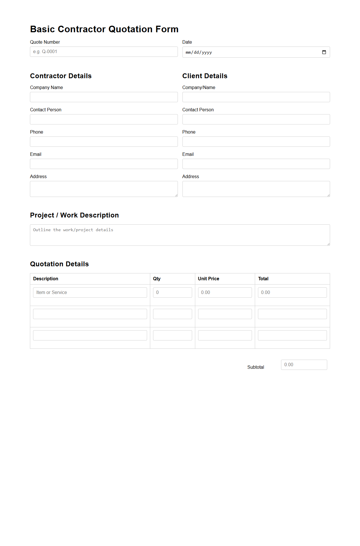 Basic Contractor Quotation Form