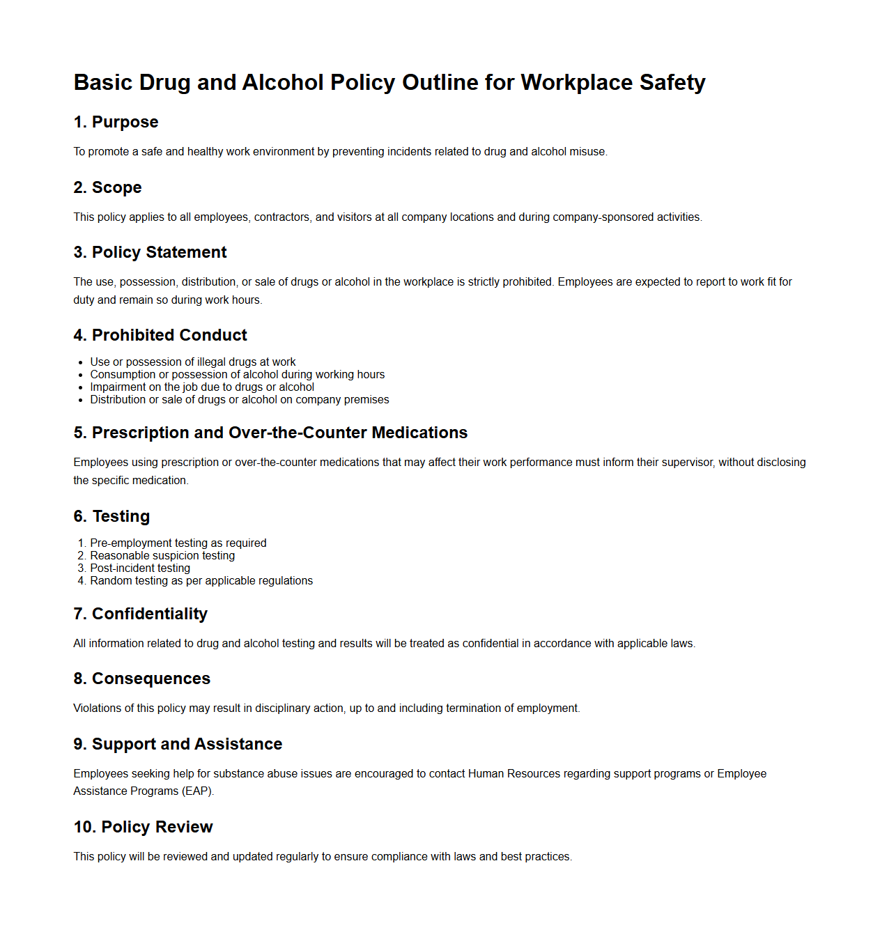Basic Drug and Alcohol Policy Outline for Workplace Safety