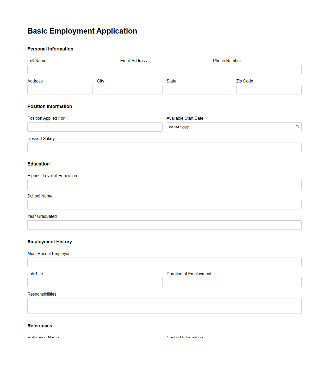 Basic Employment Application Form Layout
