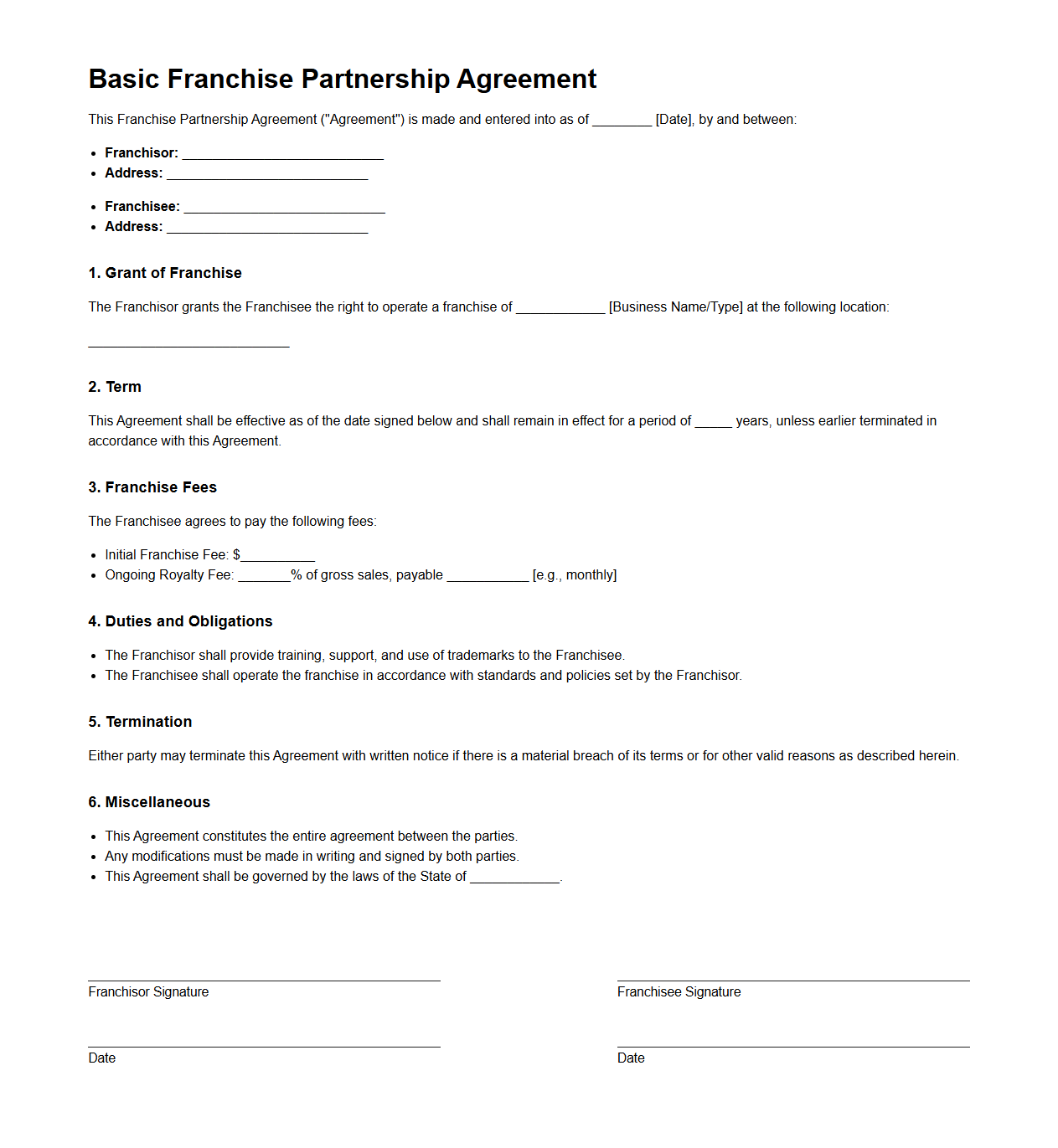 Basic Franchise Partnership Agreement Template