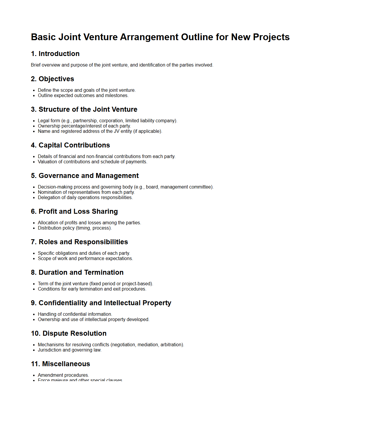 Basic Joint Venture Arrangement Outline for New Projects