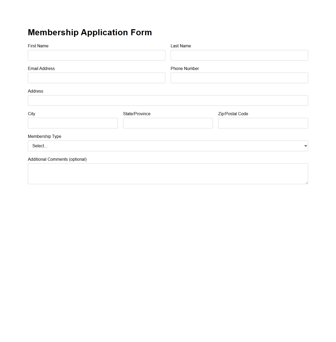 Basic Membership Application Form Template