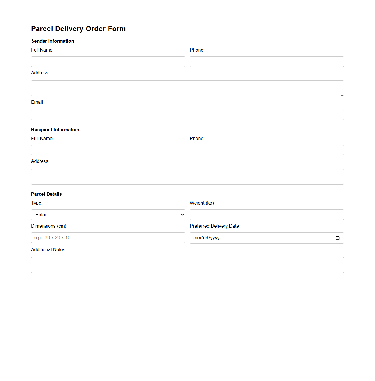Basic Parcel Delivery Order Form