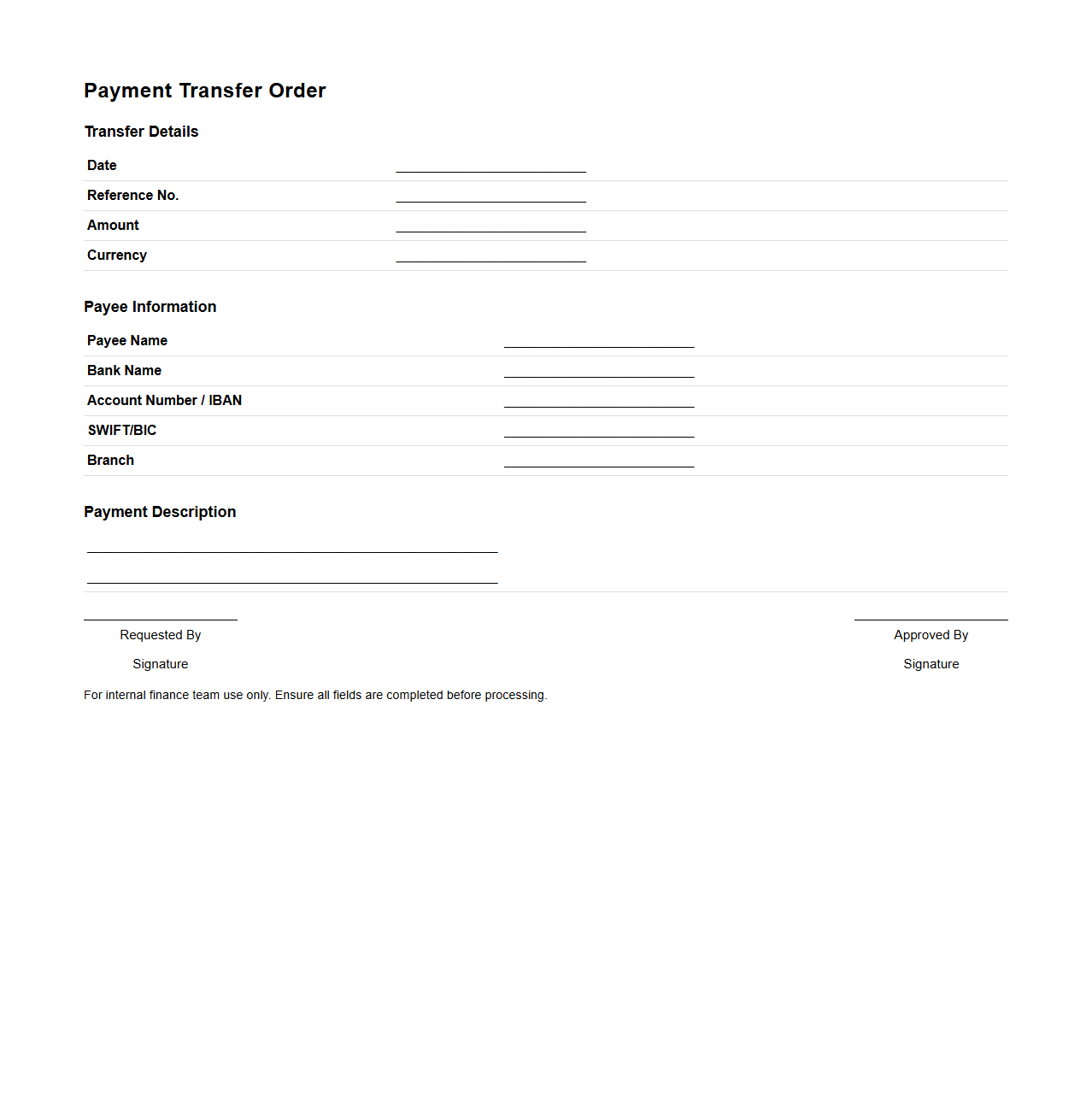 Basic Payment Transfer Order Template for Finance Teams