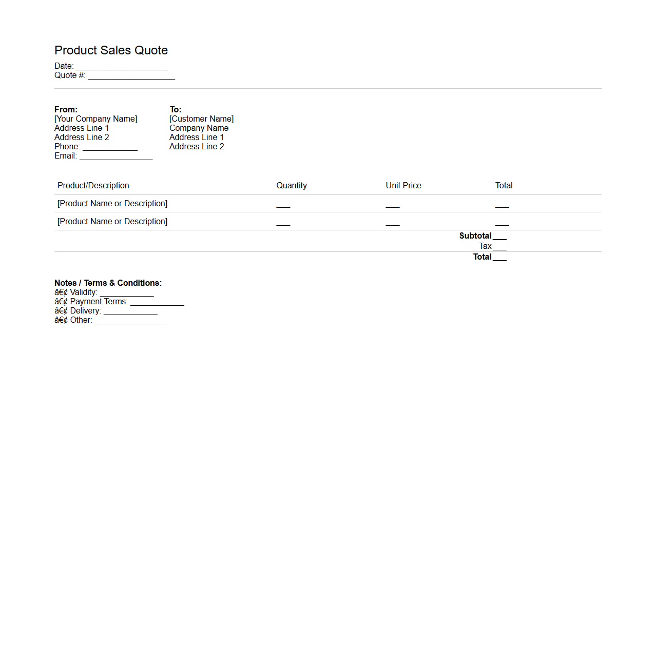 Basic Product Sales Quote Format