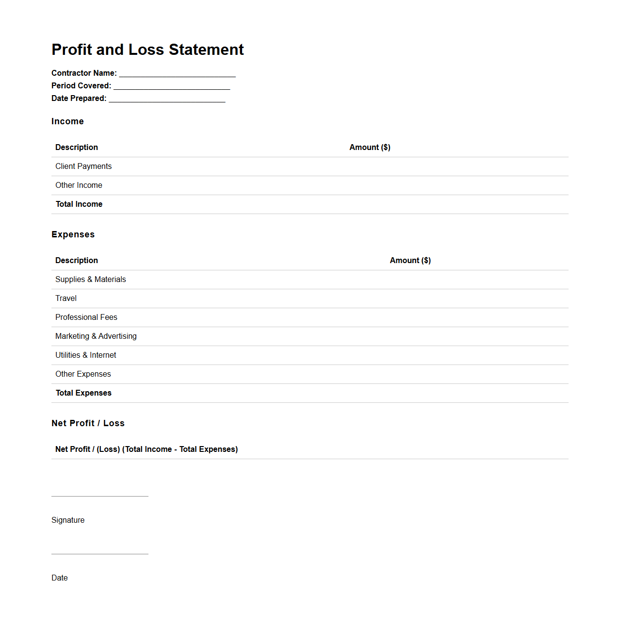 Basic Profit and Loss Statement Template for Independent Contractors