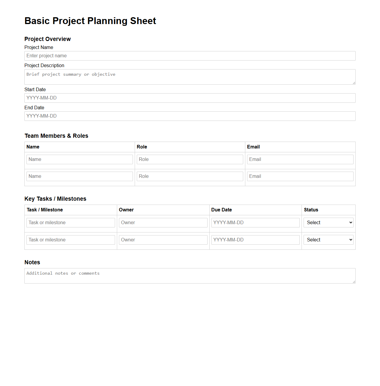 Basic Project Planning Sheet for Team Collaboration