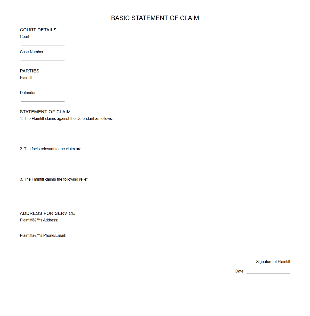 Basic Statement of Claim Format for Plaintiffs
