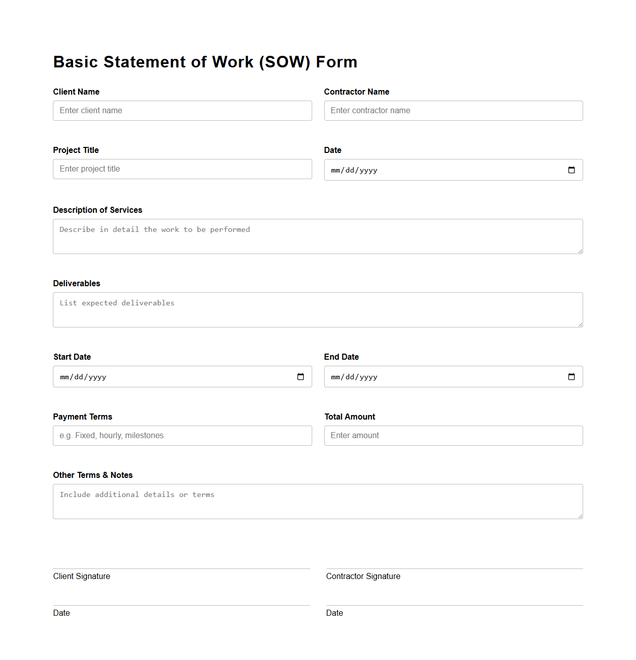 Basic Statement of Work Form for Independent Contractors