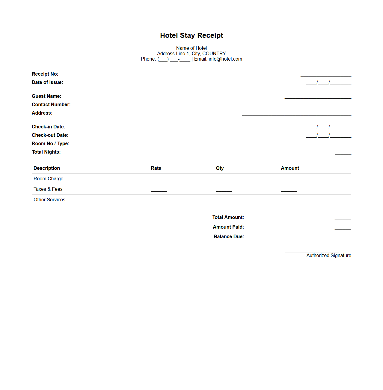 Basic Stay Receipt Template for Hotels