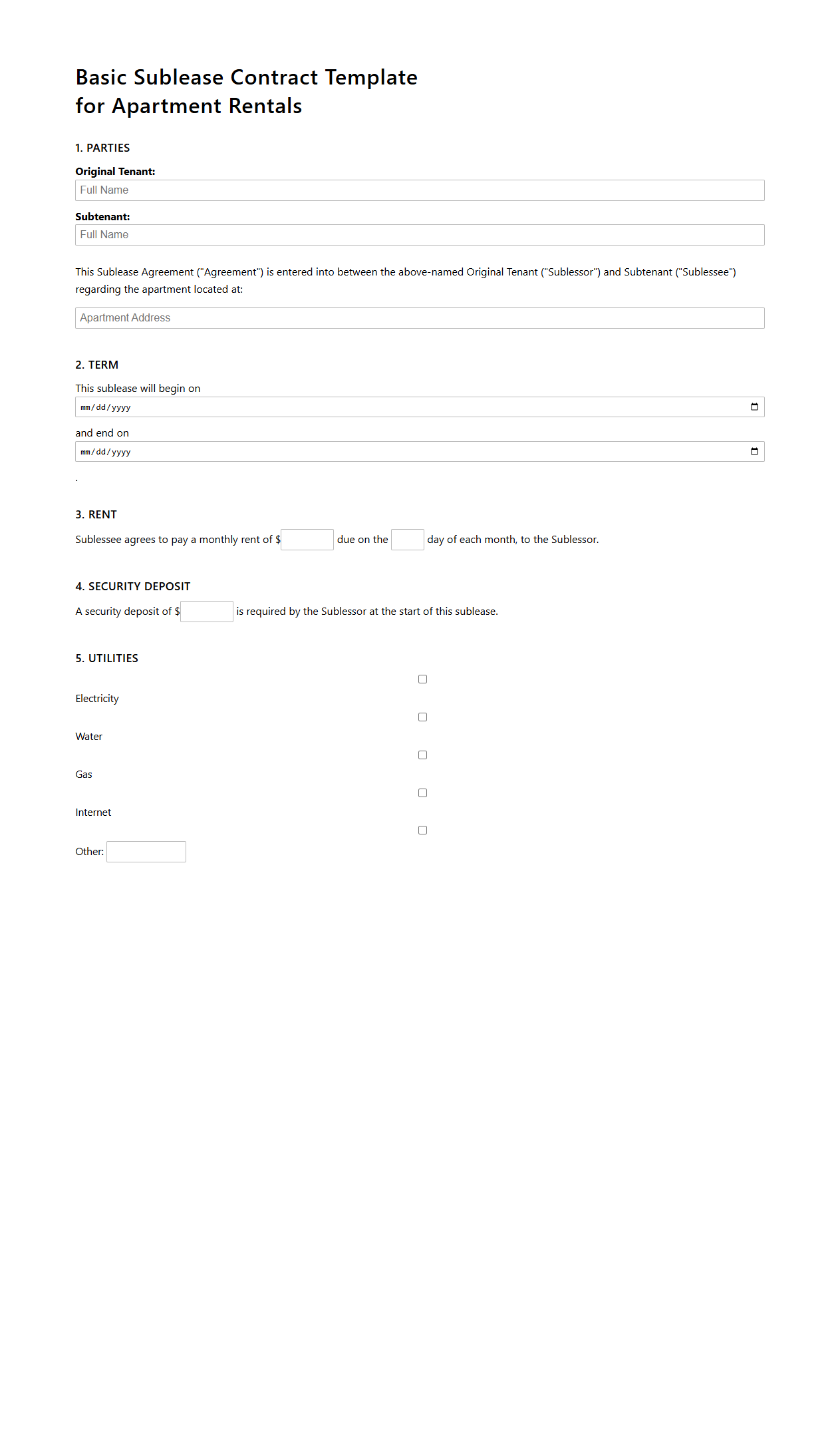 Basic Sublease Contract Template for Apartment Rentals