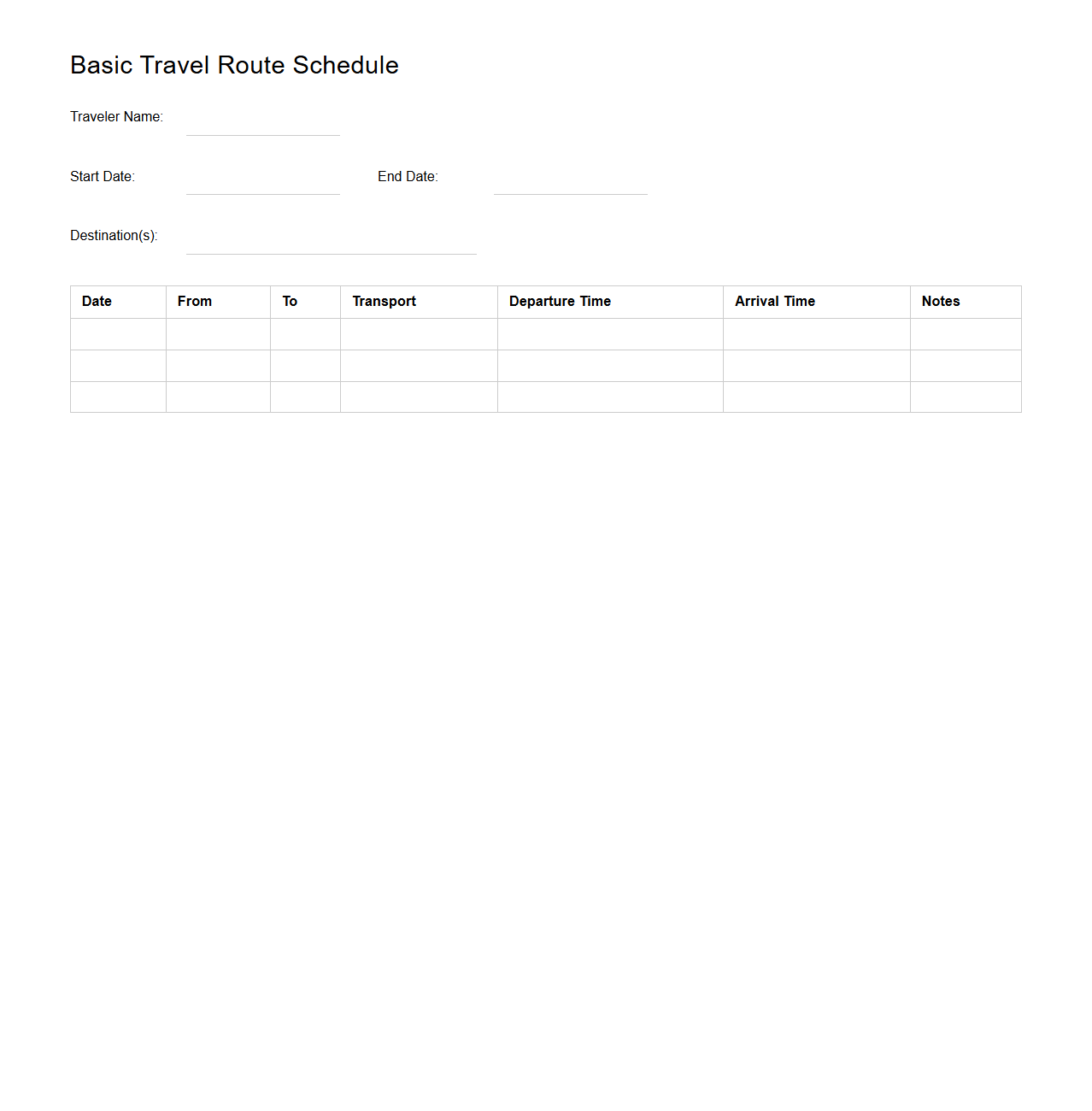 Basic Travel Route Schedule Template