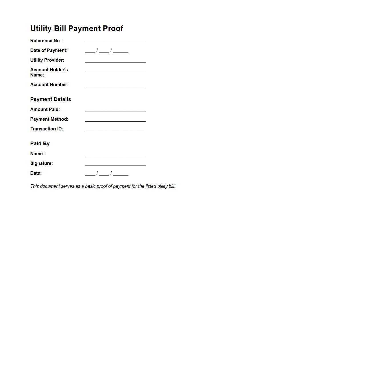 Basic Utility Bill Payment Proof Format