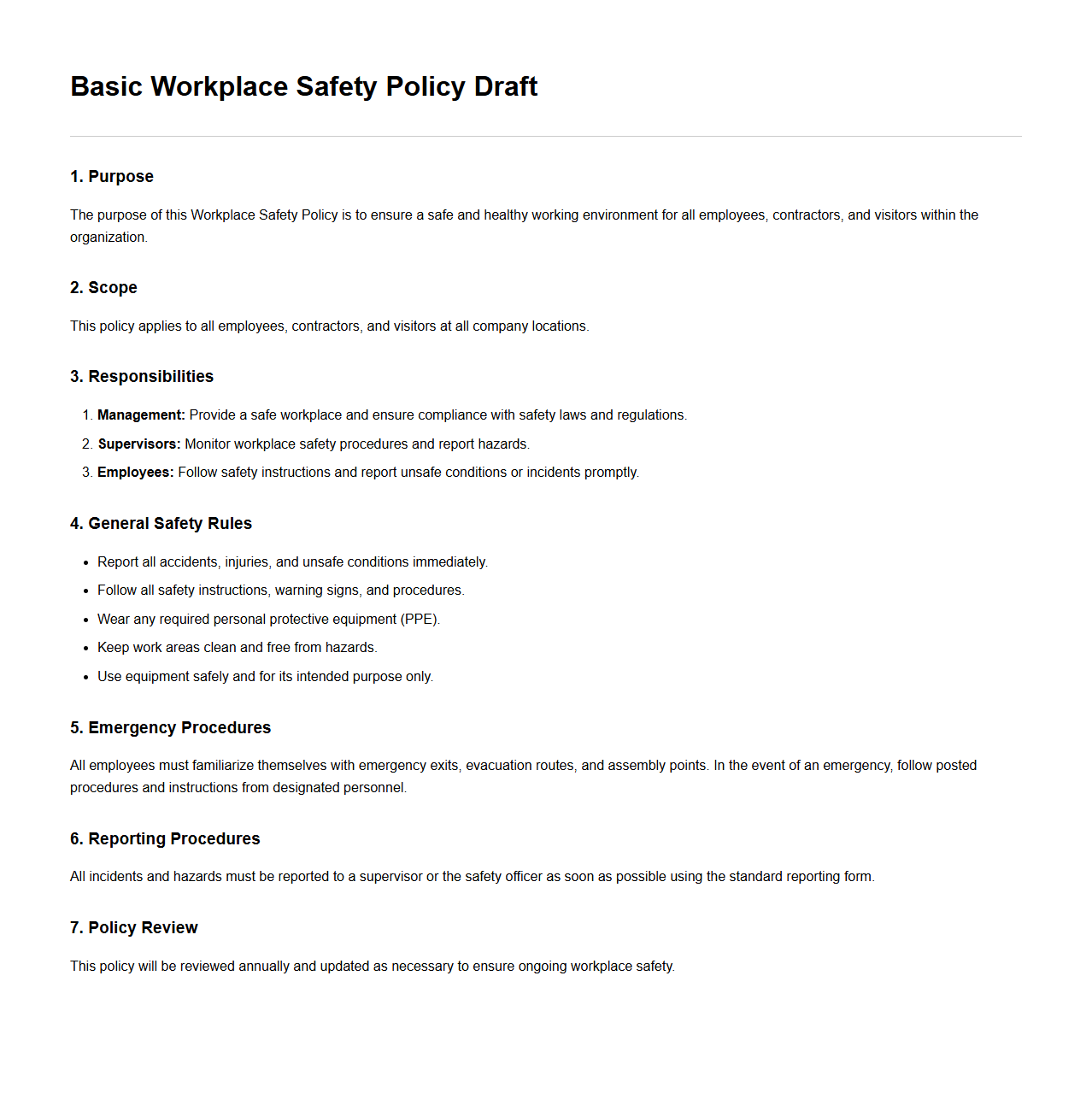 Basic Workplace Safety Policy Draft